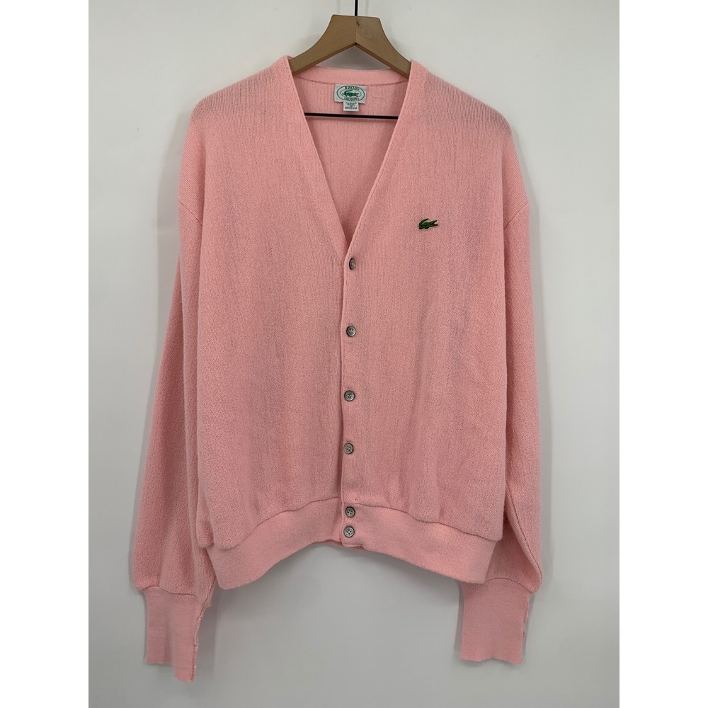 Vintage Izod Lacoste Sweater Mens XL Pink Cardigan Acrylic Made USA 80s Preppy